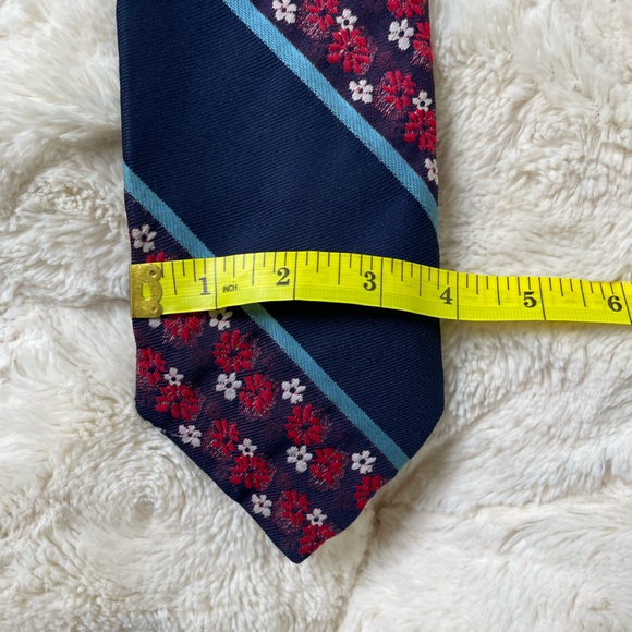 Lord Copley Vintage Wide Embroidered Blue & Red Daisy Floral Tie w Stripes - Picture 4 of 5